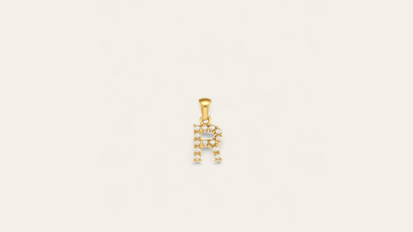 Charm Lettre "R" avec perles Nacrées, doré ( chaine offerte )