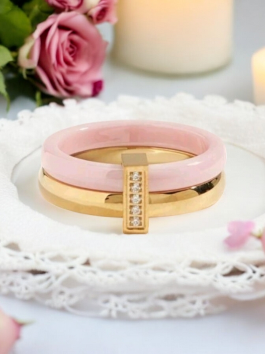 Bague Ruban céramique rose doré, ornée de zirconium allure raffinée En Acier Inoxydable taille 54