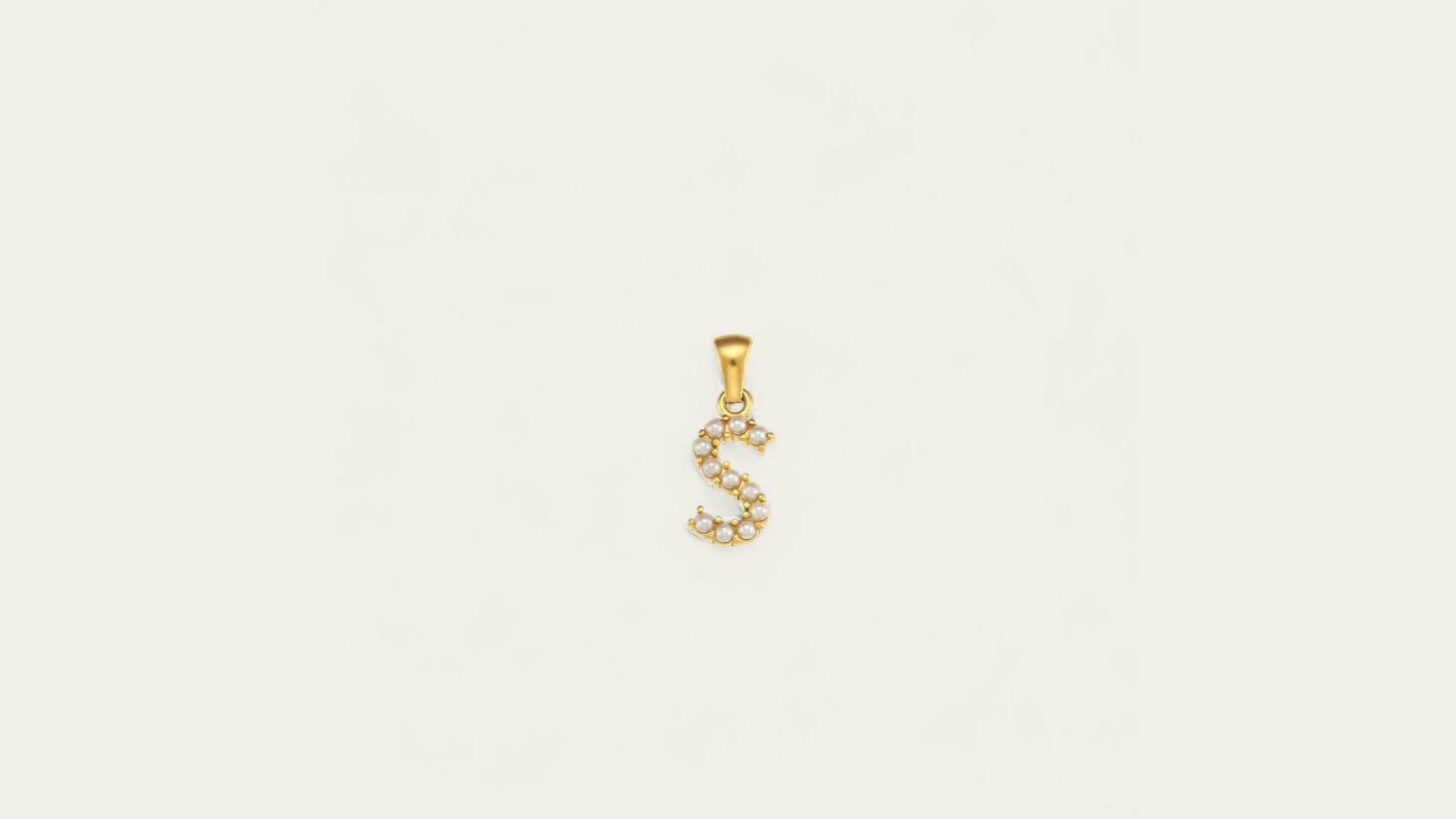 Charm Lettre "S"  avec perles Nacrées, doré ( chaine offerte )