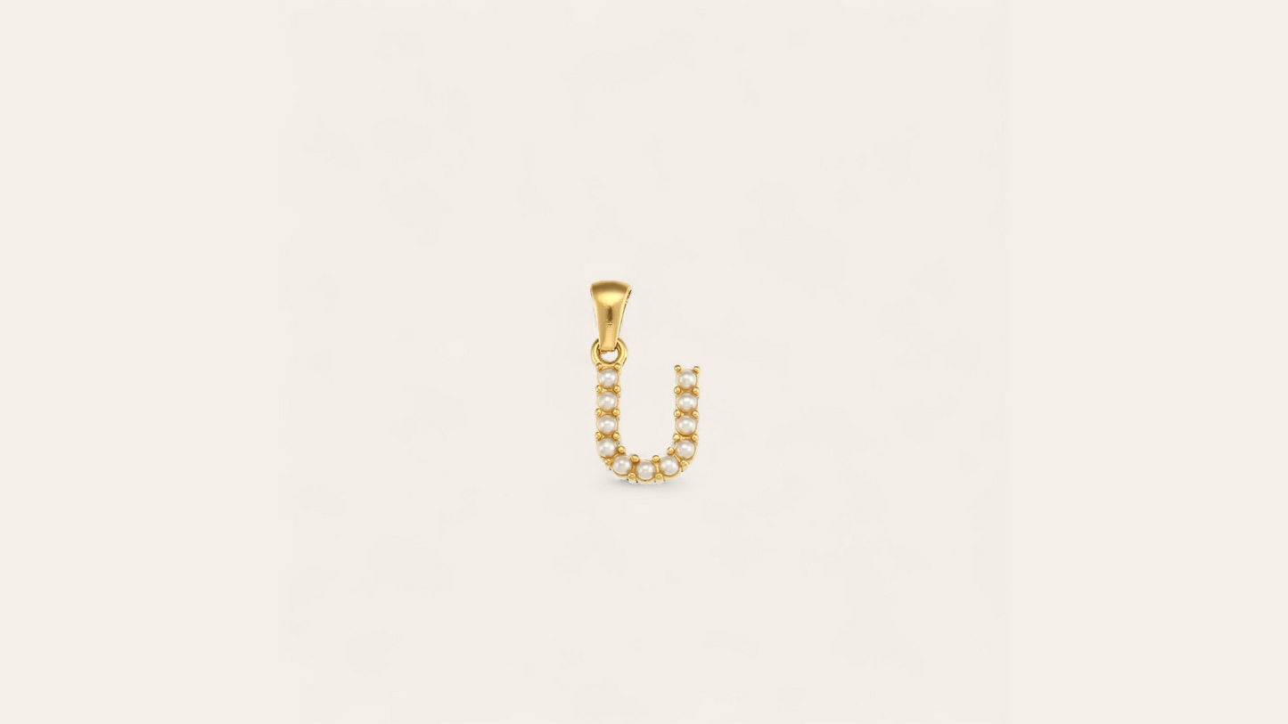Charm Lettre "U"  avec perles Nacrées, doré ( chaine offerte )